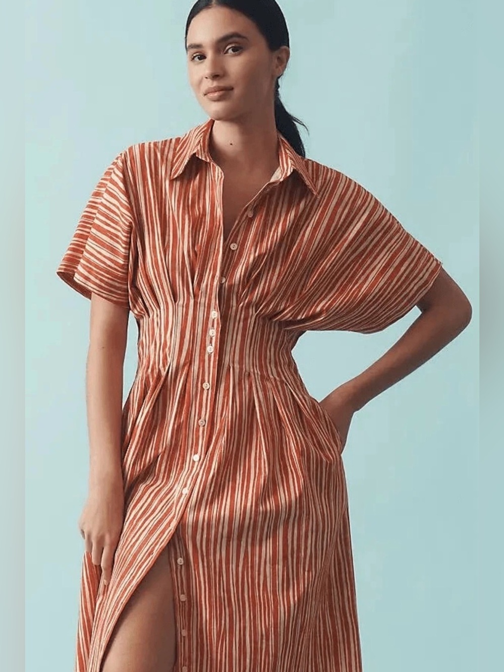 Anthropologie Exquise 1X Tobie Cadence Button-Front Pleated Shirt Midi Dress